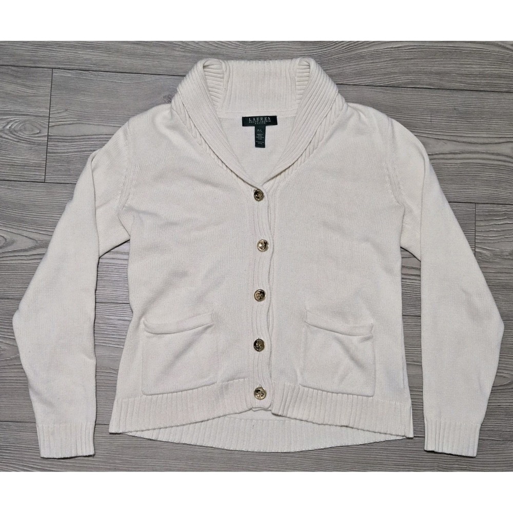 Lauren Ralph Lauren Petite P/L Cream Gold Button-Up Cardigan Sweater Ribbed